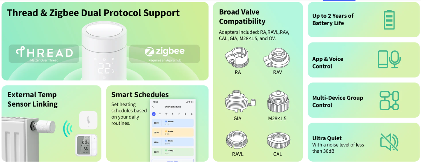 Tête thermostatique intelligente Thread et Zigbee avec Matter Aqara Radiator Thermostat W600 avec écran LED pour régulation précise du chauffage par radiateur