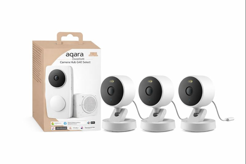 Kit sécurité Aqara avec sonnette vidéo connectée et trois caméras de surveillance intérieures pour protection de la maison, contrôle à distance et vidéos en temps réel via application mobile.