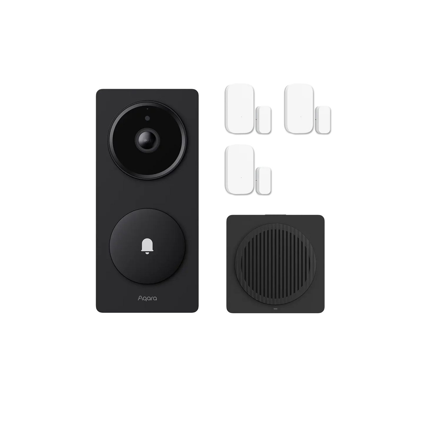 Pack sécurité Aqara avec sonnette vidéo G410 et trois capteurs de porte et fenêtre T1 pour protection du domicile