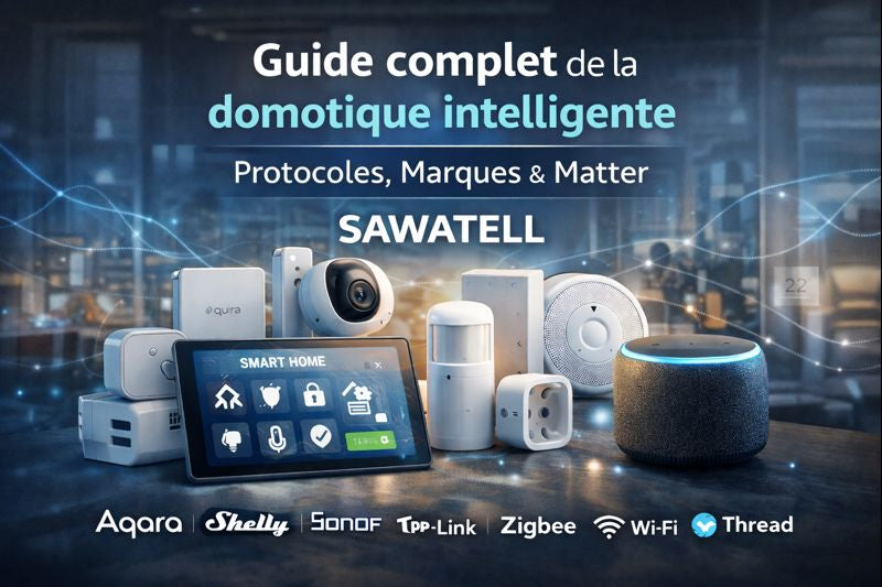 Guide de la domotique intelligente SAWATELL présentant capteurs, relais et détecteurs connectés compatibles Zigbee, Z-Wave, Wi-Fi, Thread et Matter avec Aqara, Shelly et Sonoff