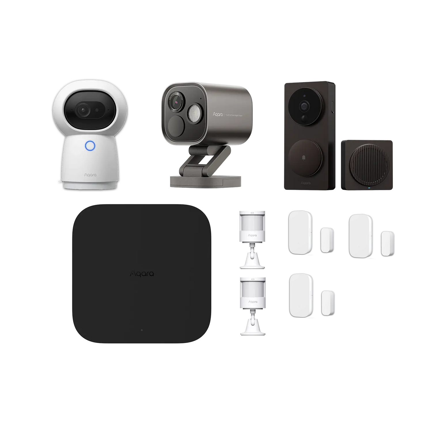 Packs domotiques Aqara pour maison connectée, incluant hub, capteurs et interrupteurs intelligents