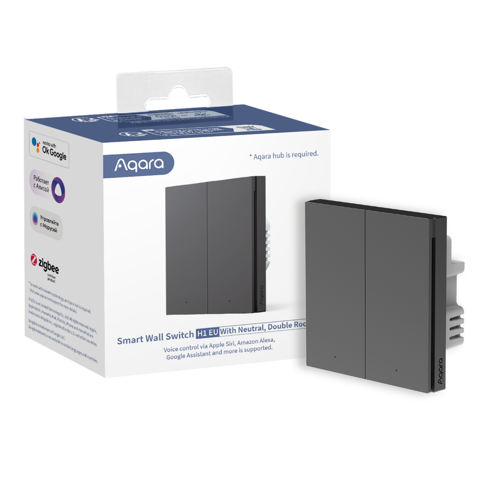 Interrupteur mural intelligent Zigbee 3.0 Aqara Smart Wall Switch H1 EU avec neutre, double rocker, finition grise, pour commande d’éclairage et automatisation domotique