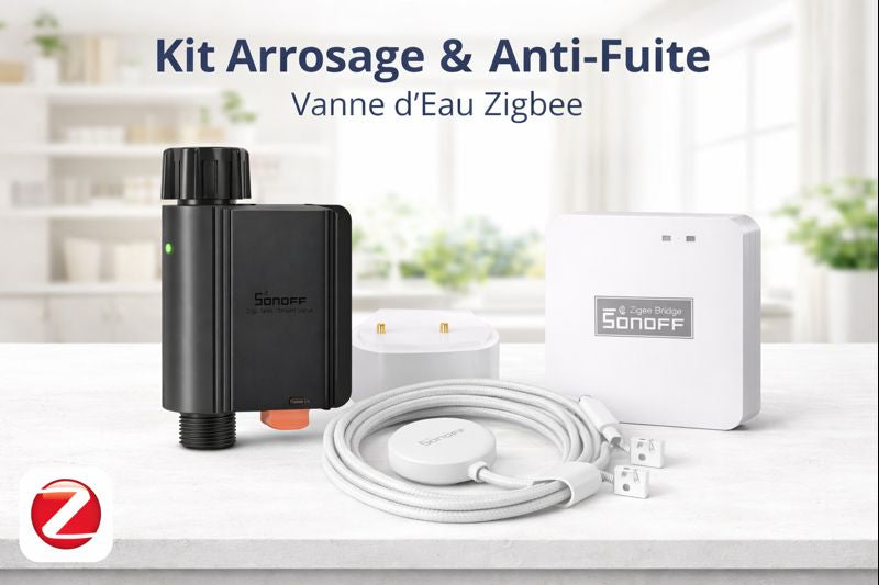 Kit arrosage et anti-fuite Sonoff Zigbee avec vanne d’eau intelligente, capteur de fuite d’eau SNZB-05P et hub Zigbee Bridge Pro pour gestion de l’eau, arrosage automatique et protection contre les fuites via eWeLink.