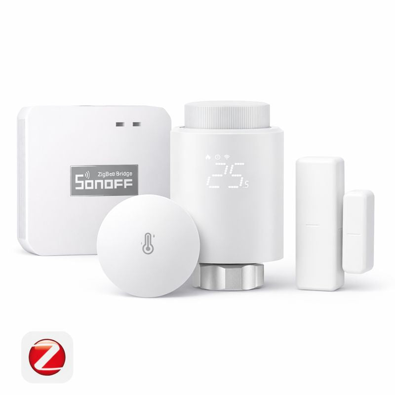 Kit chauffage intelligent Sonoff Zigbee avec tête thermostatique TRVZB, capteur température et humidité SNZB-02P, capteur porte fenêtre SNZB-04P et hub Zigbee Bridge Pro pour gestion du chauffage et économies d’énergie via eWeLink.