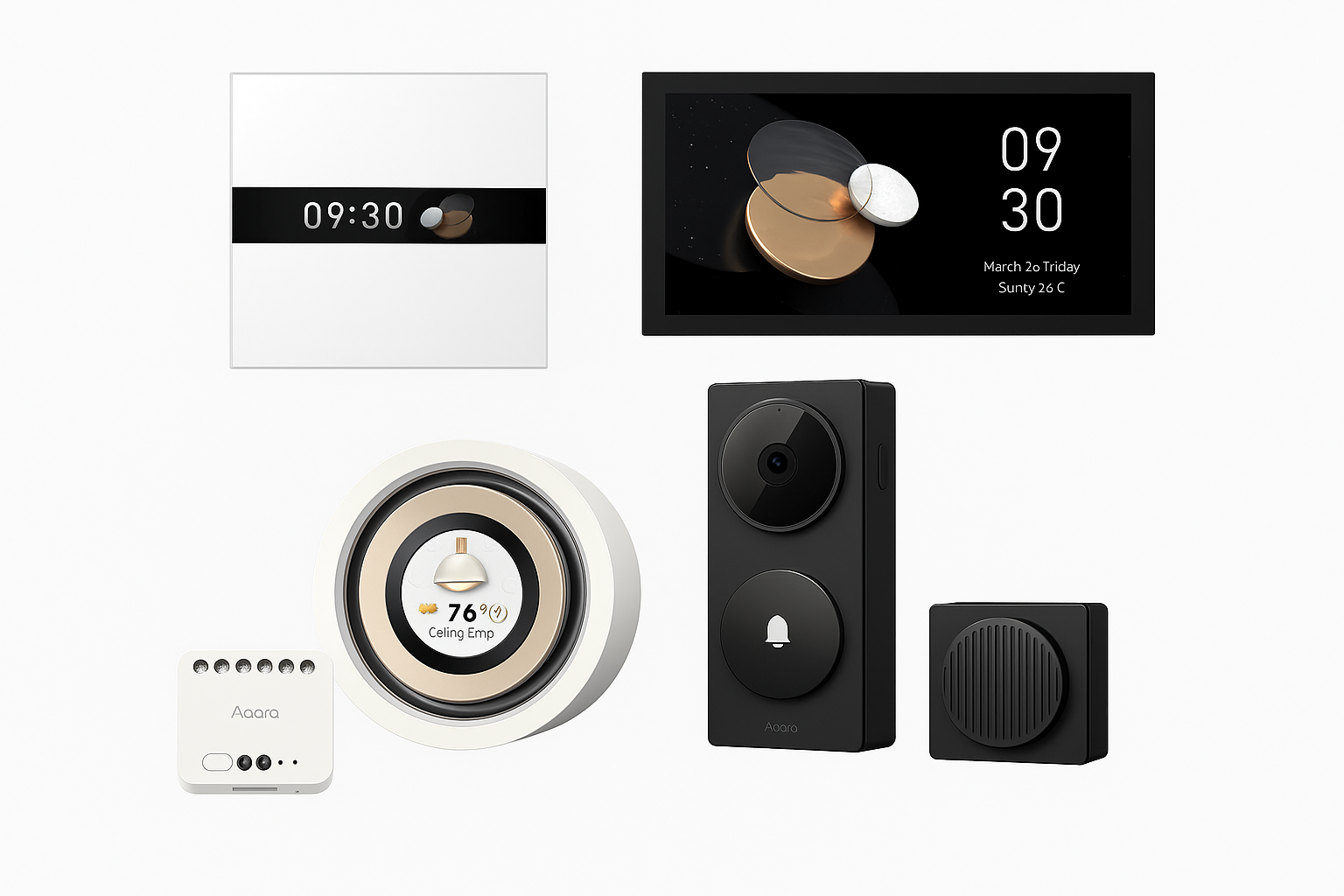 Kit Domotique Aqara Premium comprenant l’interrupteur Display Switch V1, le cadran Touchscreen Dial V1, le Panel Hub S1 Plus, le module Dual Relay T2 et la sonnette vidéo G410 avec carillon.