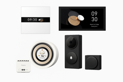 Kit Domotique Aqara Premium comprenant l’interrupteur Display Switch V1, le cadran Touchscreen Dial V1, le Panel Hub S1 Plus, le module Dual Relay T2 et la sonnette vidéo G410 avec carillon.