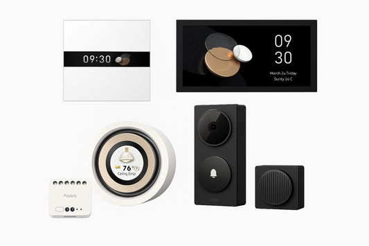 Kit Domotique Aqara Premium comprenant l’interrupteur Display Switch V1, le cadran Touchscreen Dial V1, le Panel Hub S1 Plus, le module Dual Relay T2 et la sonnette vidéo G410 avec carillon.