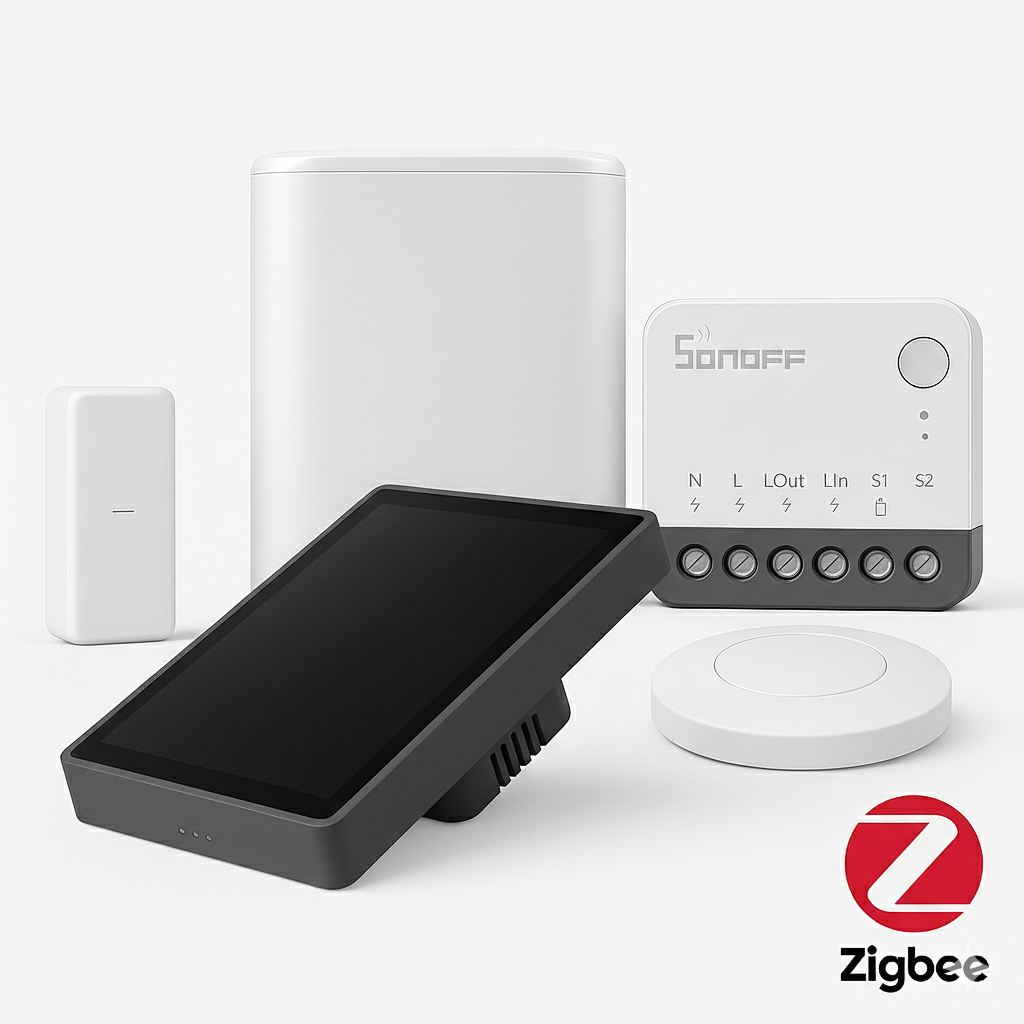 Un kit polyvalent pour sécuriser et automatiser votre logement. Inclut le Hub SONOFF Zigbee NSPanel Pro Panneau de Contrôle Domotique Intelligent-120 Type, un module lumineux ZBMINI R2 et capteur SONOFF dernière génération. Créez des routines intelligentes : allumage automatique, alertes d’ouverture, scénarios complets dans eWeLink.