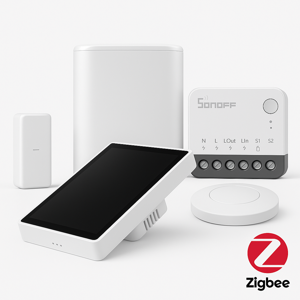 Un kit polyvalent pour sécuriser et automatiser votre logement. Inclut le Hub SONOFF Zigbee NSPanel Pro Panneau de Contrôle Domotique Intelligent-120 Type, un module lumineux ZBMINI R2 et capteur SONOFF dernière génération. Créez des routines intelligentes : allumage automatique, alertes d’ouverture, scénarios complets dans eWeLink.