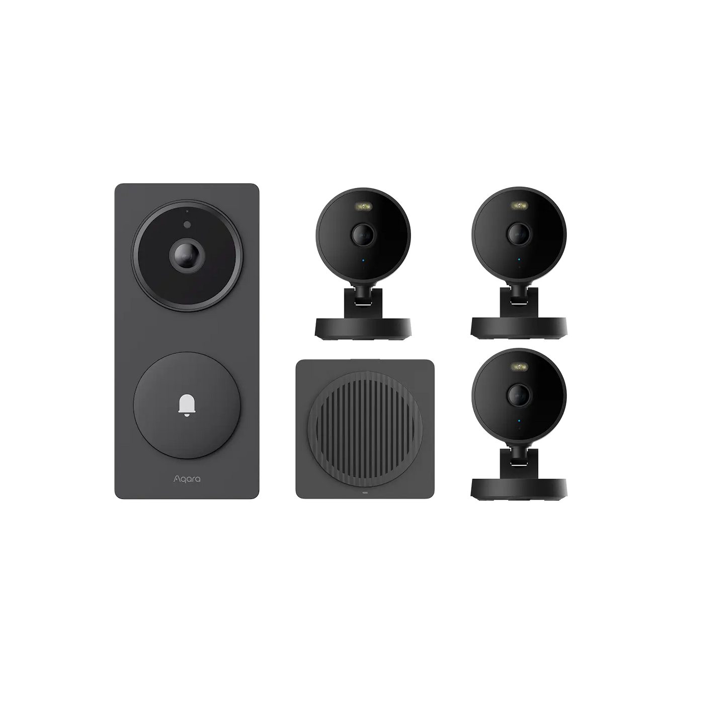 Kit sécurité Aqara avec sonnette vidéo connectée et trois caméras de surveillance intérieures pour protection de la maison, contrôle à distance et vidéos en temps réel via application mobile.
