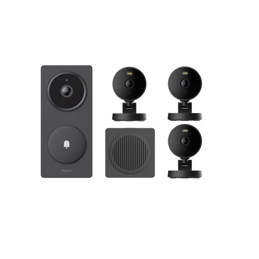 Kit sécurité Aqara avec sonnette vidéo connectée et trois caméras de surveillance intérieures pour protection de la maison, contrôle à distance et vidéos en temps réel via application mobile.