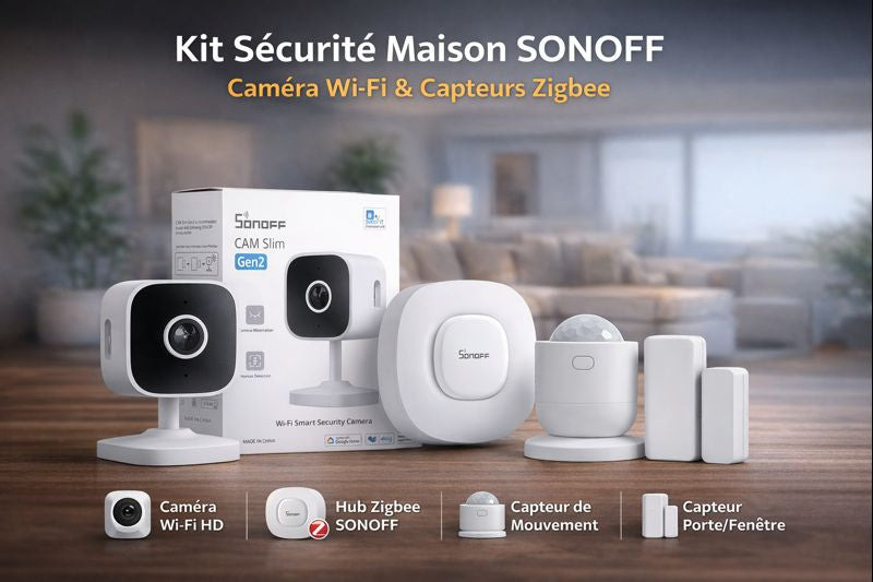Kit sécurité maison Sonoff avec caméra Wi-Fi, hub Zigbee, capteur de mouvement et capteur de porte fenêtre, compatible eWeLink pour surveillance et automatisation intelligente.