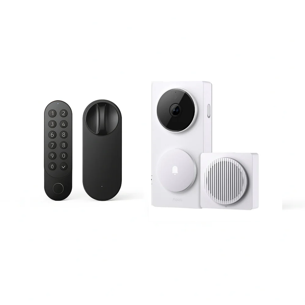 Pack sécurité Aqara U200 et G410 installé sur porte d’entrée de maison connectée