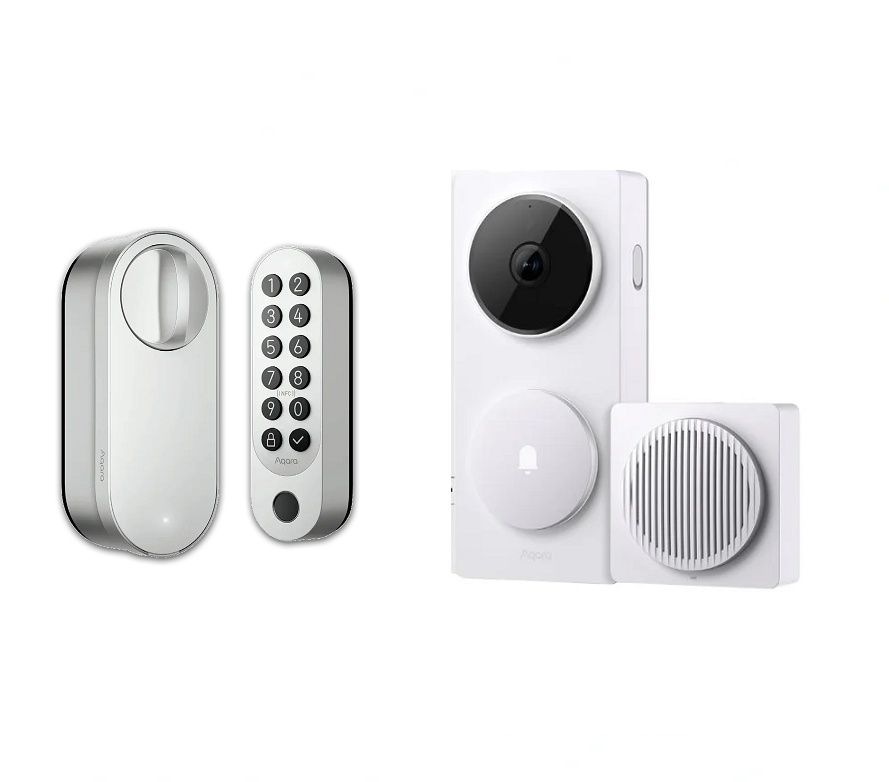 Pack sécurité connectée Aqara avec serrure intelligente U200 et sonnette vidéo G410 pour contrôle d’accès et surveillance de l’entrée