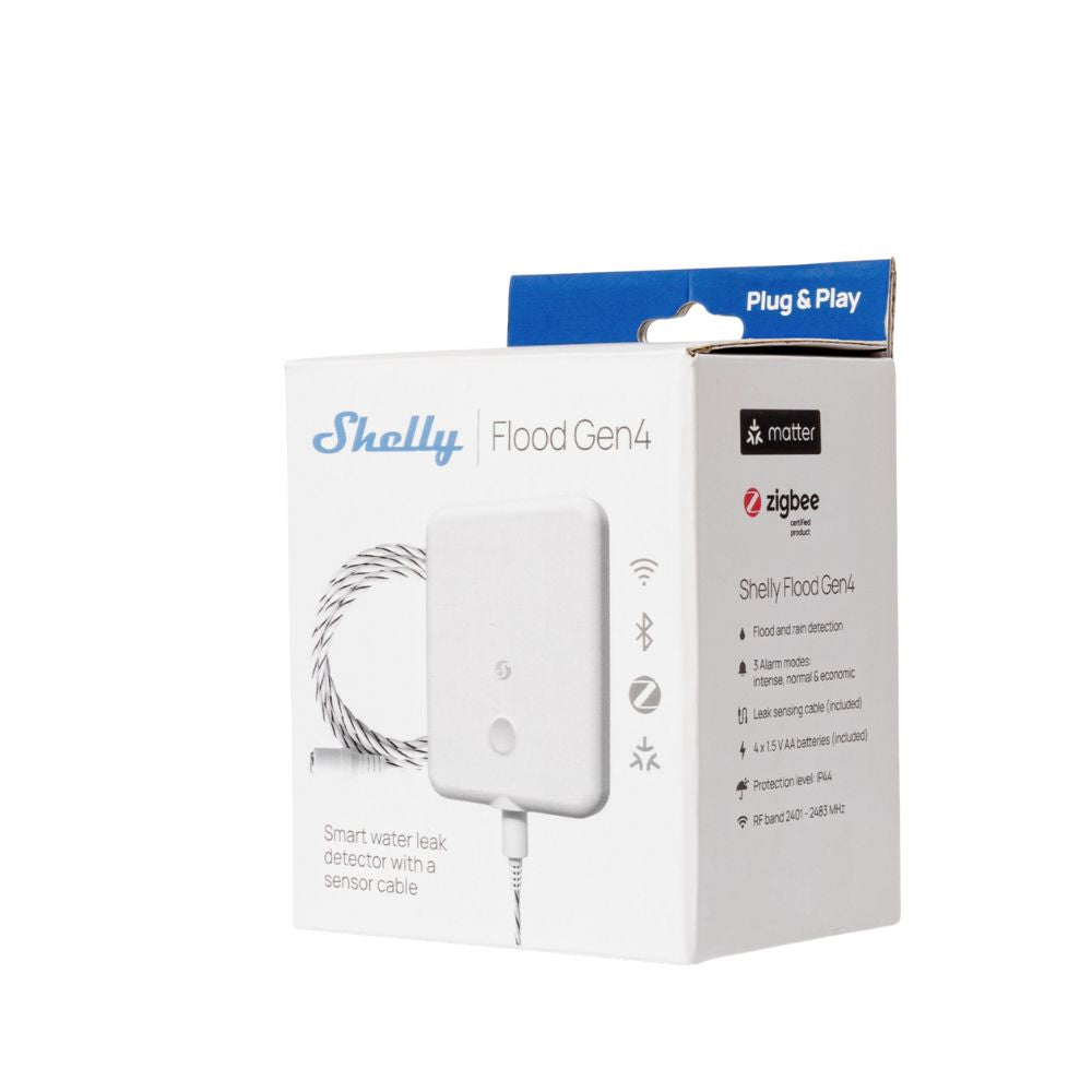 Capteur d’eau intelligent Wi-Fi/Bluetooth Shelly Flood Gen4 pour détection de fuite, inondation et rupture de tuyau avec alertes de sécurité en temps réel