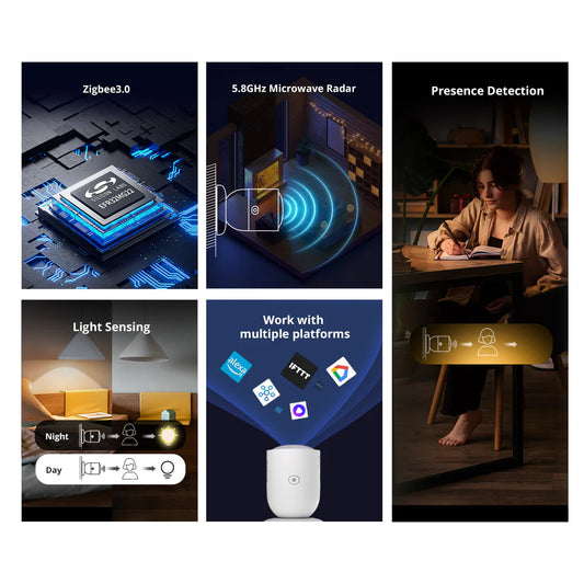 Capteur de présence humaine intelligent Zigbee 3.0 SONOFF SNZB-06P avec technologie radar mmWave pour détection de présence immobile, automatisation domotique et éclairage intelligent via passerelle Zigbee
